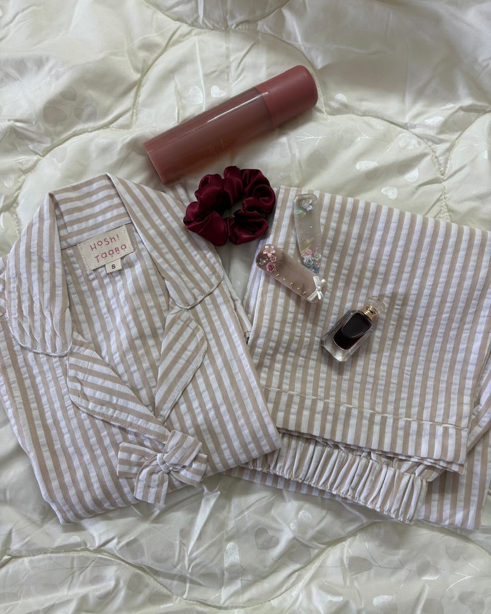 Ivory White Stripe Bow Nightsuit